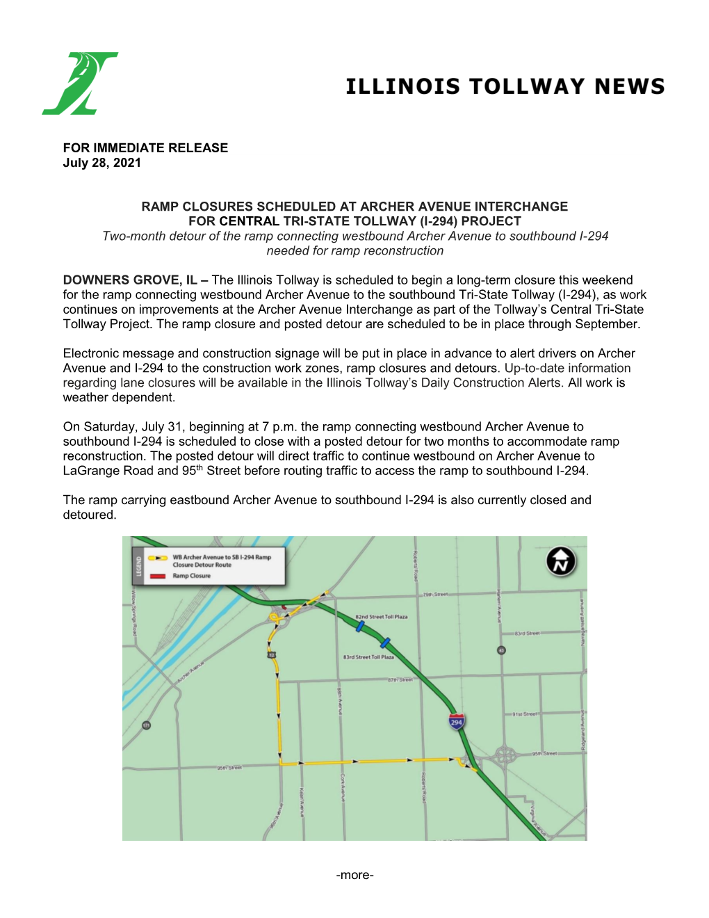 More- for IMMEDIATE RELEASE July 28, 2021 RAMP CLOSURES SCHEDULED at ARCHER AVENUE INTERCHANGE for CENTRAL TRI-STATE TOLLWAY