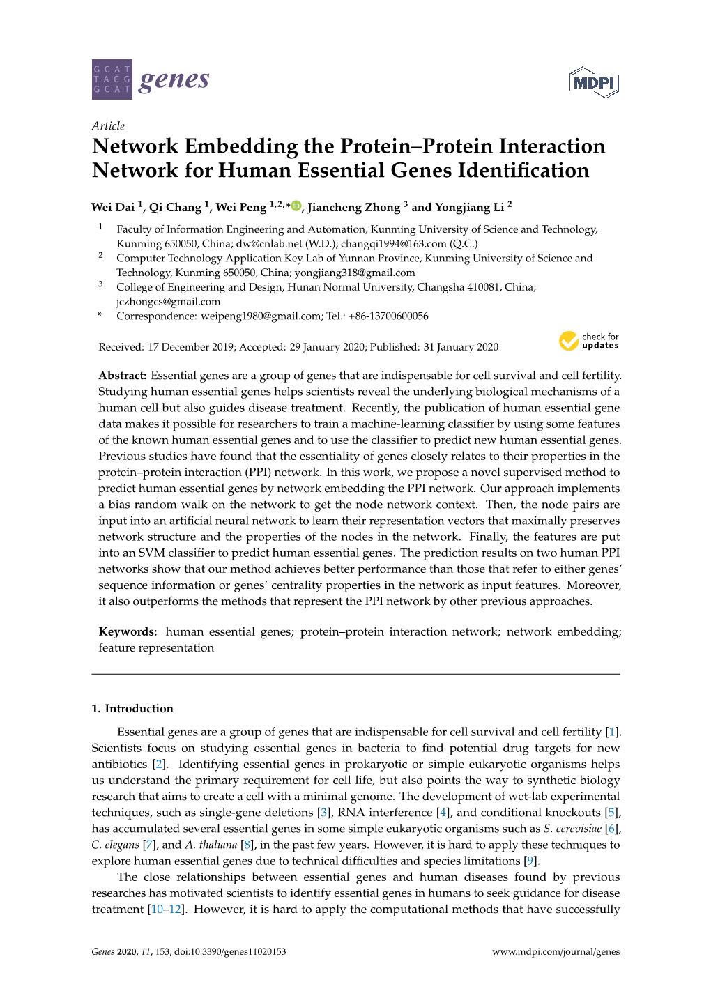 Network Embedding the Protein–Protein Interaction Network for Human Essential Genes Identification