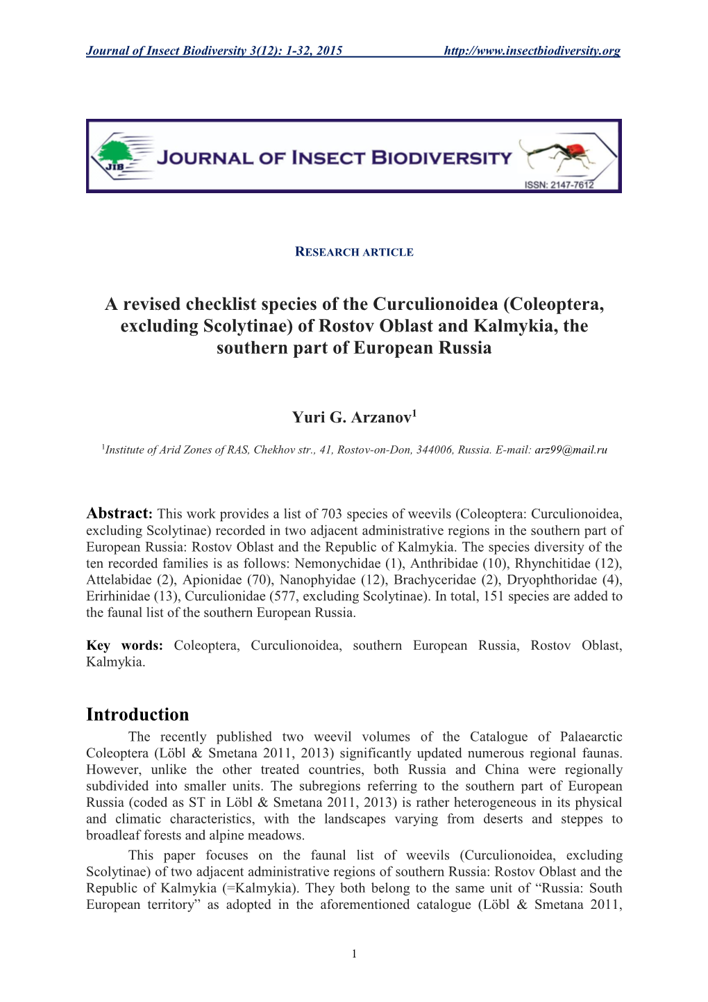 A Revised Checklist Species of the Curculionoidea (Coleoptera, Excluding Scolytinae) of Rostov Oblast and Kalmykia, the Southern Part of European Russia