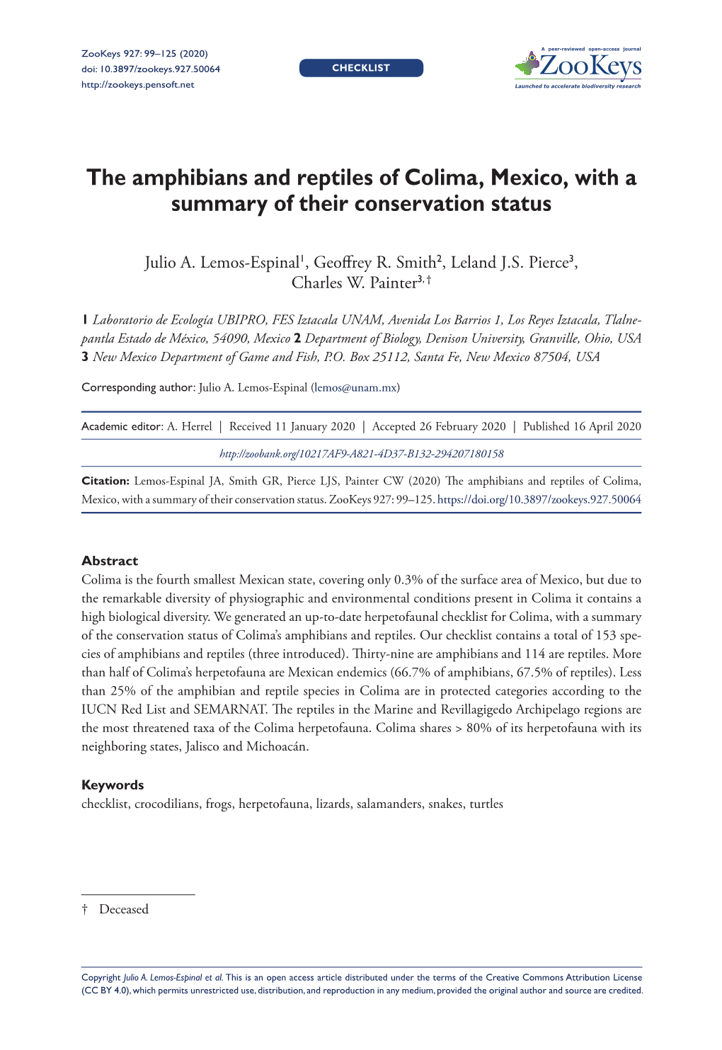 The Amphibians and Reptiles of Colima, Mexico, with a Summary of Their Conservation Status