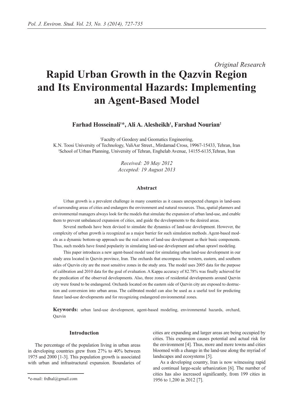 Rapid Urban Growth in the Qazvin Region and Its Environmental Hazards: Implementing an Agent-Based Model