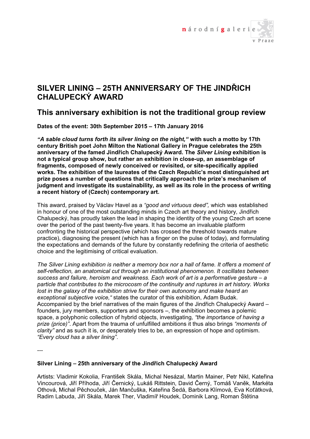 Silver Lining 25Th ANNIVERSARY of the Jindřich Chalupecký AWARD