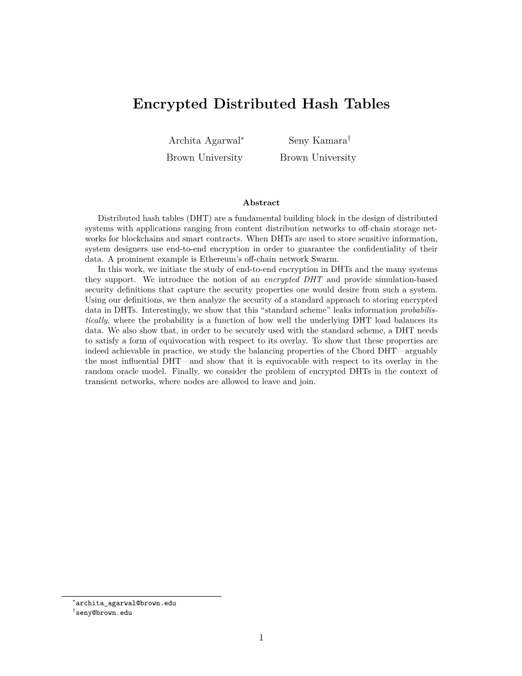 Encrypted Distributed Hash Tables