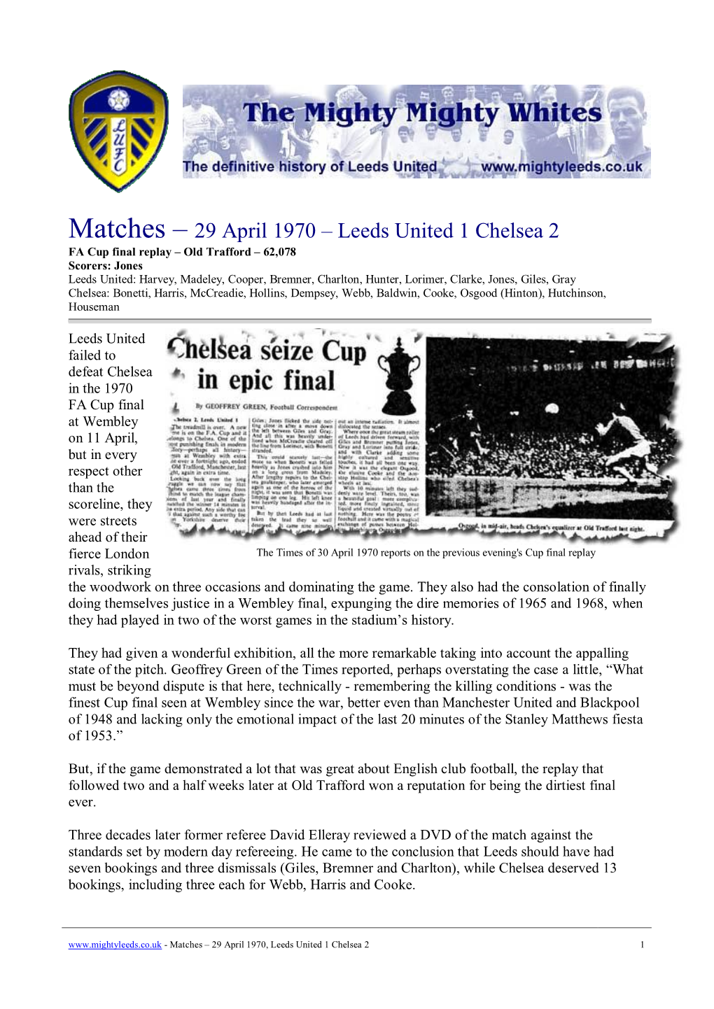 Matches – 29 April 1970 – Leeds United 1 Chelsea 2