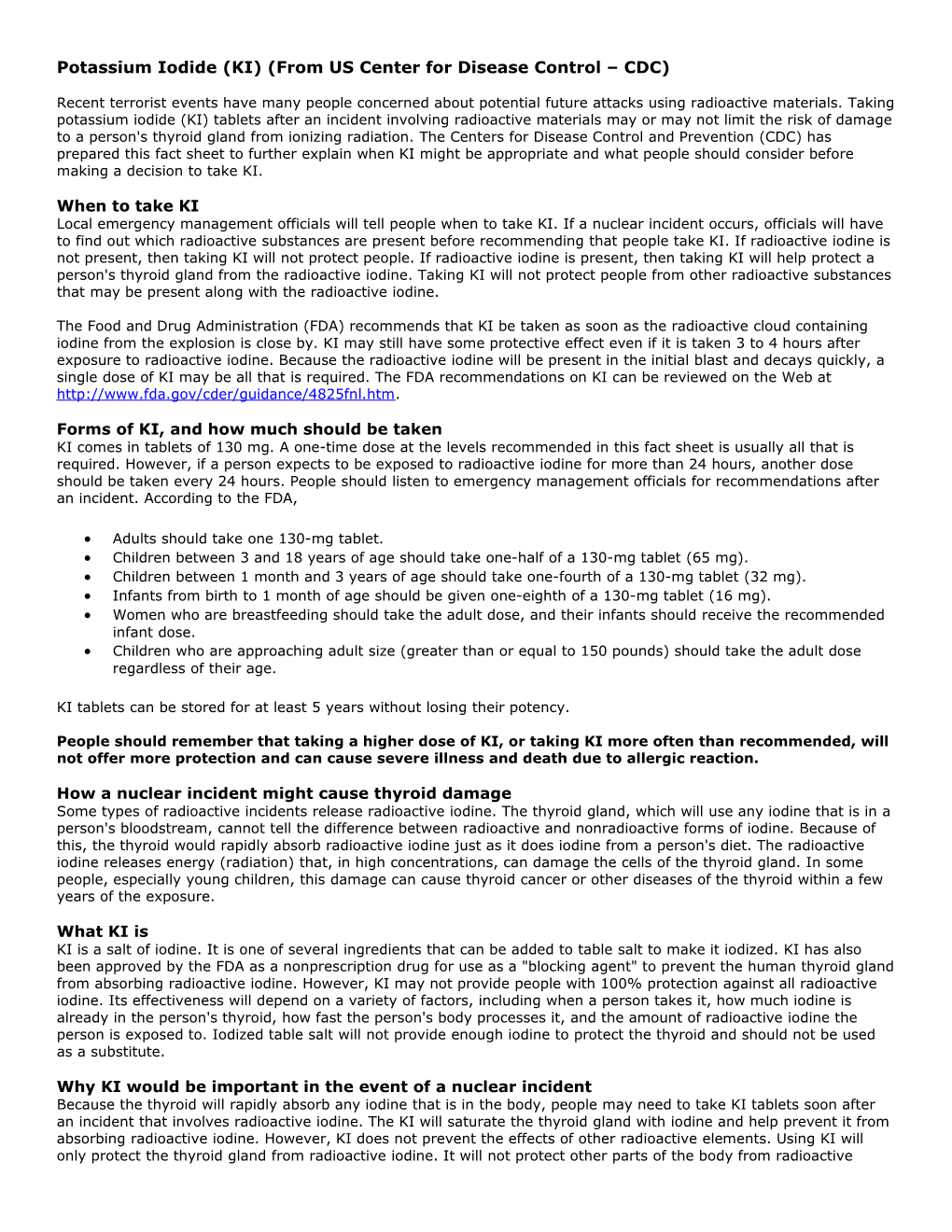 Potassium Iodide (KI) (From US Center for Disease Control CDC)