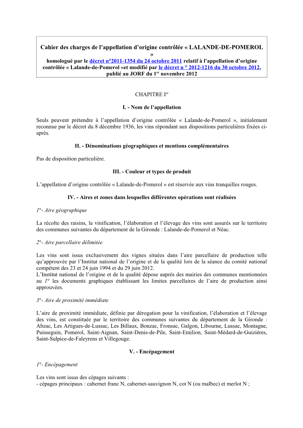 Cahier Des Charges De L'appellation D'origine Contrôlée