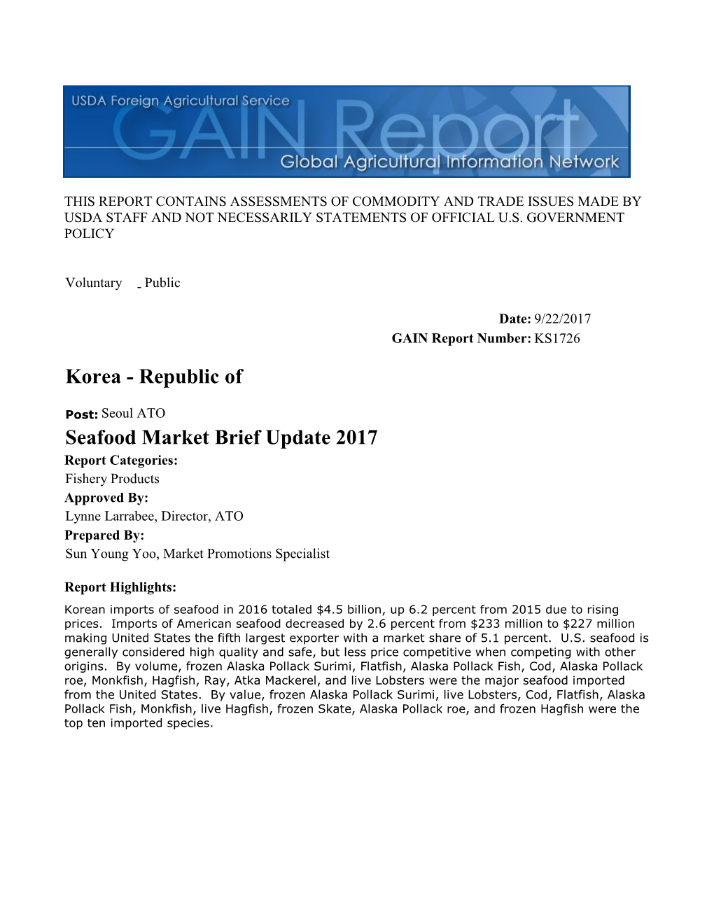 Seafood Market Brief Update 2017 Korea