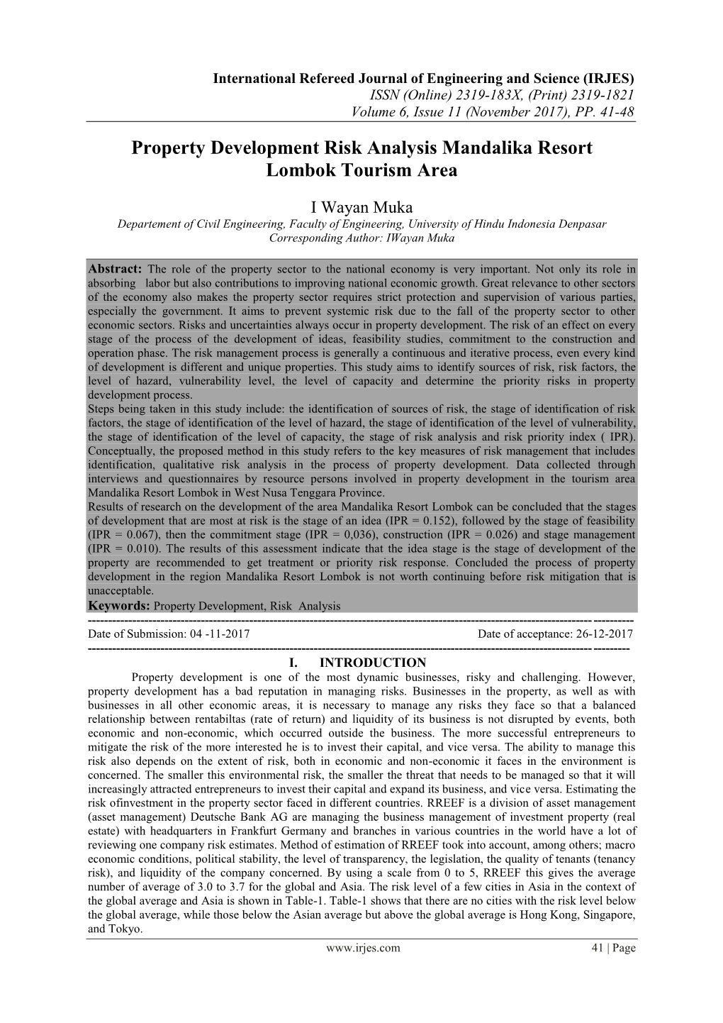 Property Development Risk Analysis Mandalika Resort Lombok Tourism Area