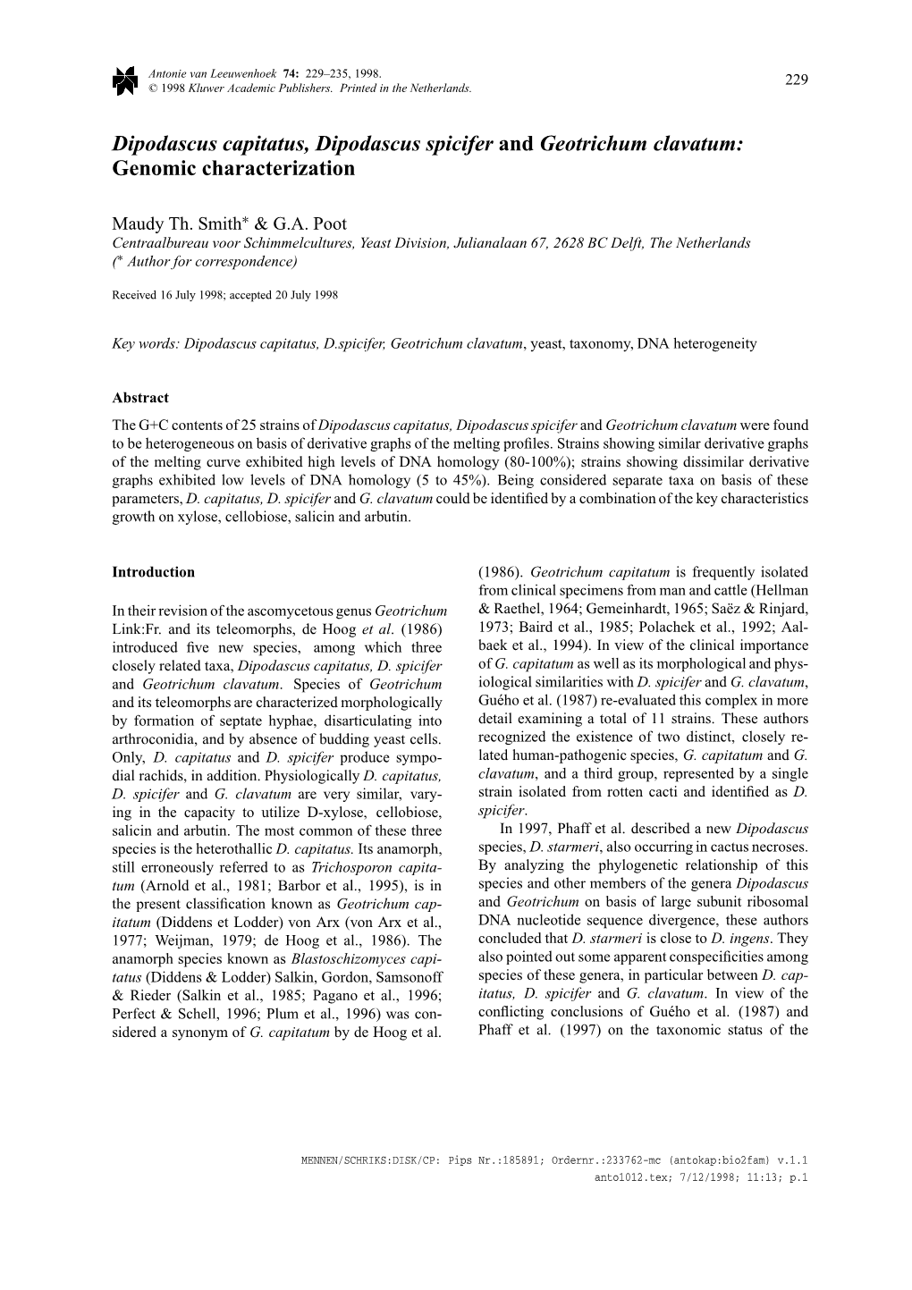 Dipodascus Capitatus, Dipodascus Spicifer and Geotrichum Clavatum: Genomic Characterization