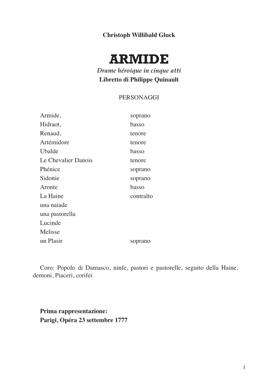 ARMIDE Drame Héroique in Cinque Atti Libretto Di Philippe Quinault