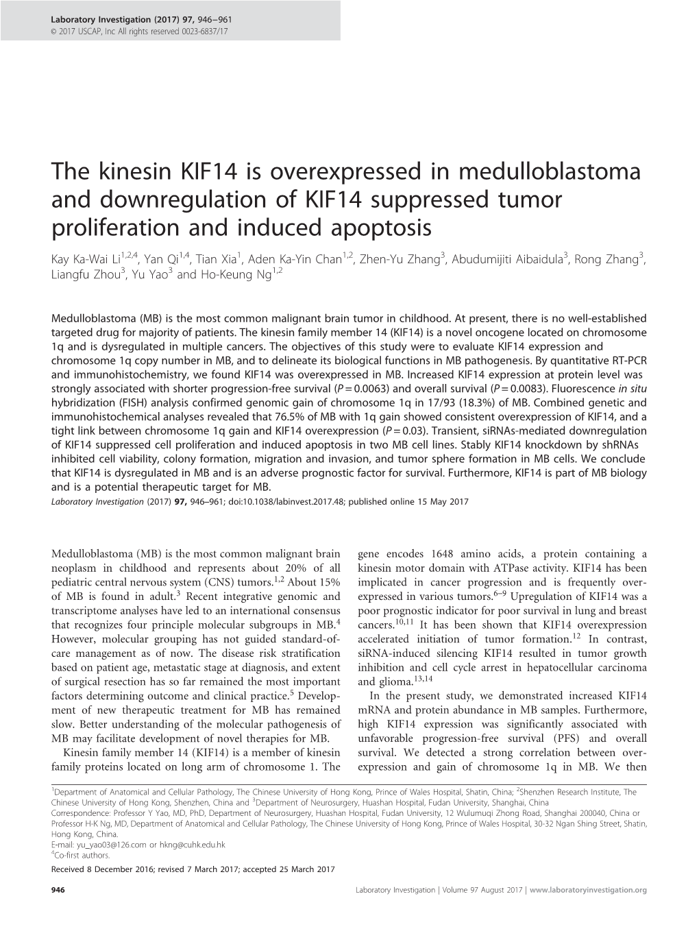 The Kinesin KIF14 Is Overexpressed in Medulloblastoma And
