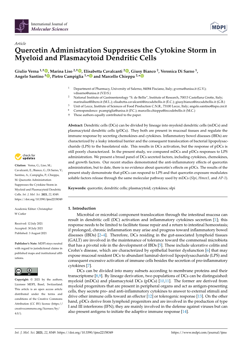 Quercetin Administration Suppresses the Cytokine Storm in Myeloid and Plasmacytoid Dendritic Cells