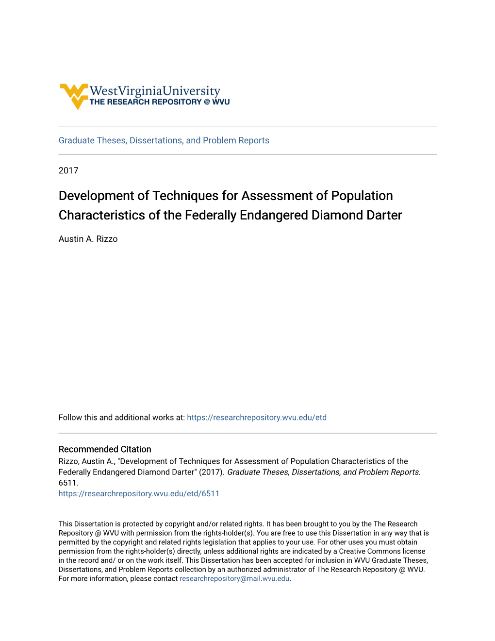 Development of Techniques for Assessment of Population Characteristics of the Federally Endangered Diamond Darter