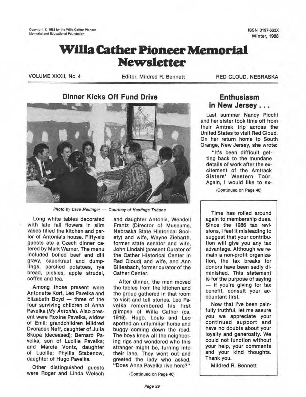 Villa Cather Pioneer Memorial Newsletter VOLUME Xxxll, No