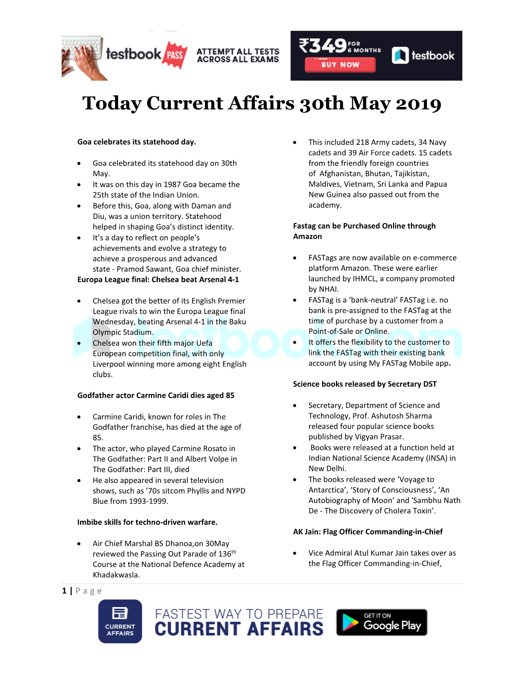 Today Current Affairs 30Th May 2019