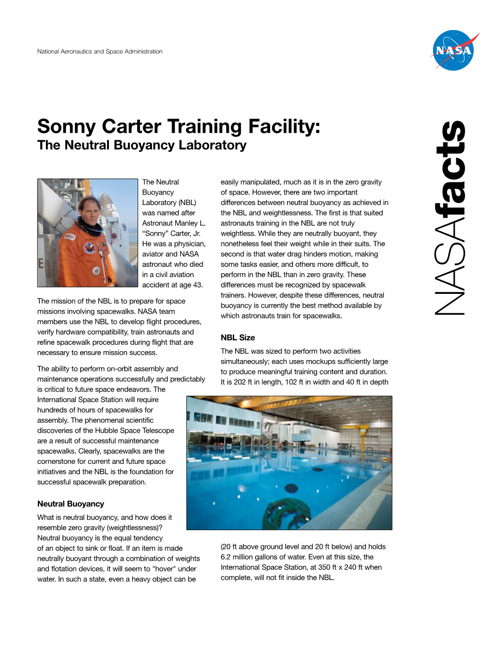 Sonny Carter Training Facility: the Neutral Buoyancy Laboratory