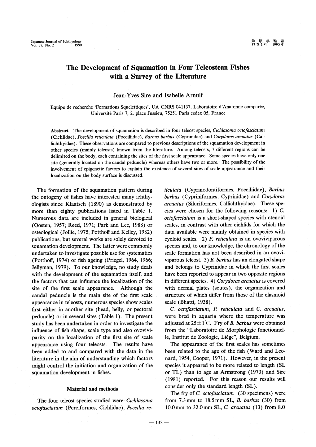 The Development of Squamation in Four Teleostean Fishes with a Survey of the Literature