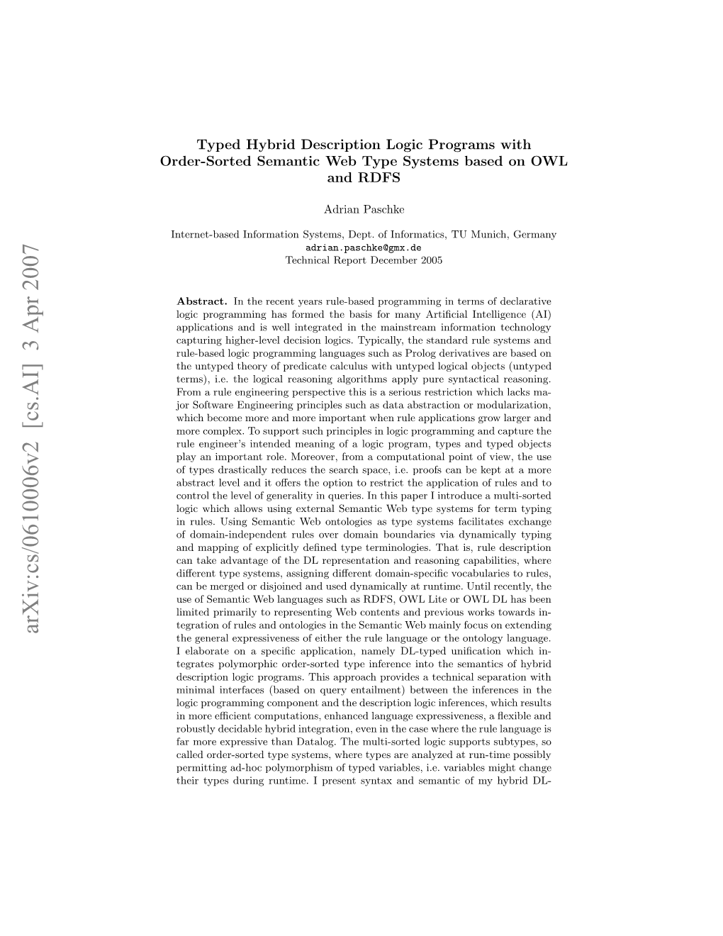 Arxiv:Cs/0610006V2 [Cs.AI] 3 Apr 2007 Re-Otdsmni E Yessesbsdo OWL on Based Systems Type Web Semantic Order-Sorted Nentbsdifrainsses Et Finformatics of Dept