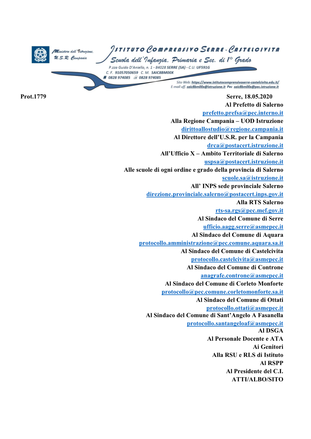 Prot.1779 Serre, 18.05.2020 Al Prefetto Di Salerno Prefetto.Prefsa@Pec.Interno.It Alla Regione Campania – UOD Istruzio
