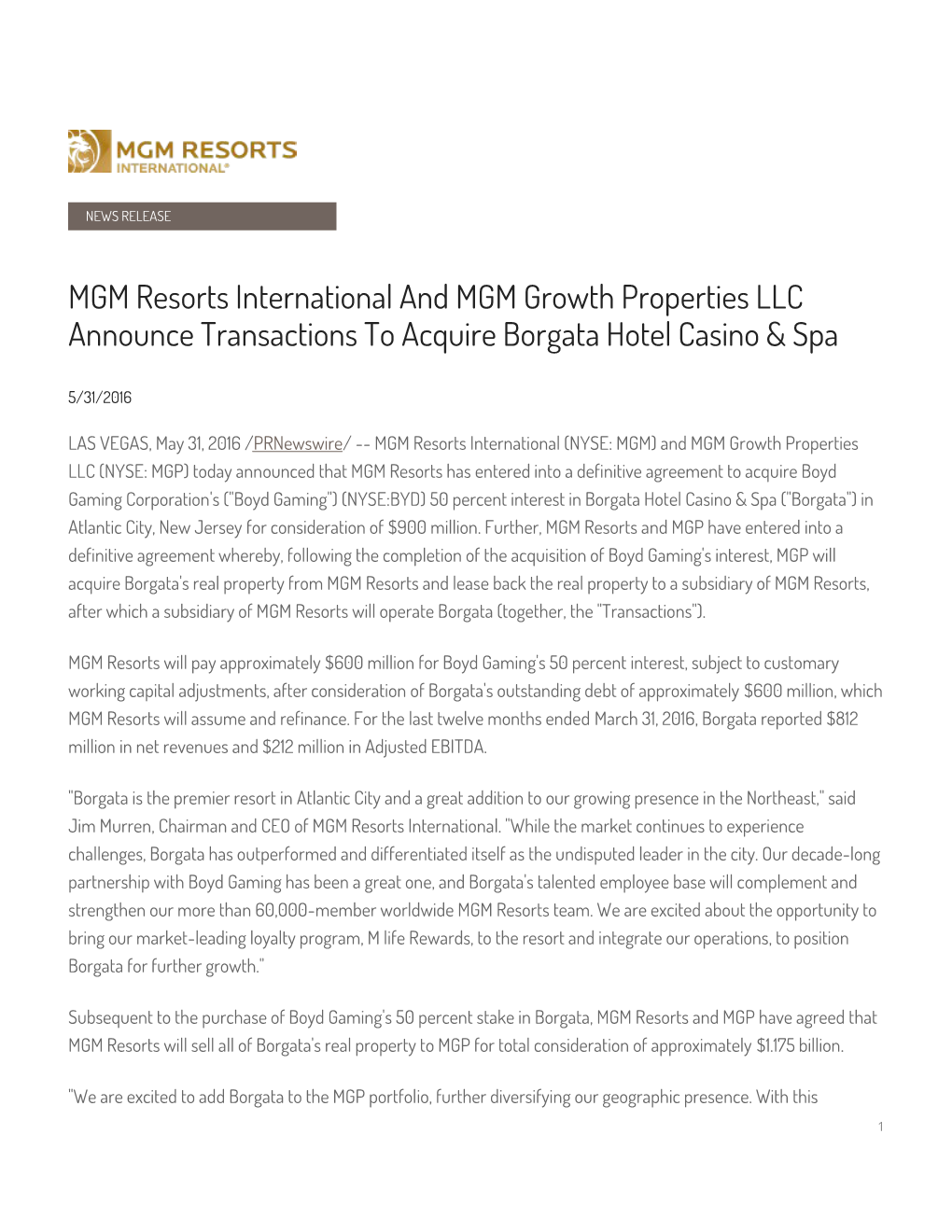 MGM Resorts International and MGM Growth Properties LLC Announce Transactions to Acquire Borgata Hotel Casino & Spa