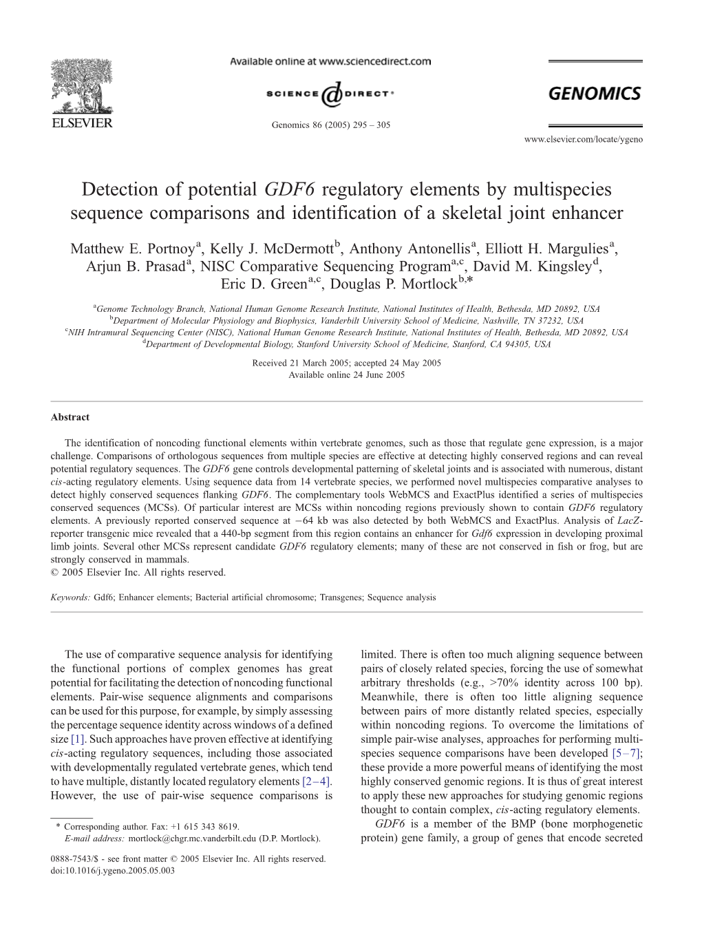 Detection of Potential GDF6 Regulatory Elements by Multispecies Sequence Comparisons and Identification of a Skeletal Joint Enhancer