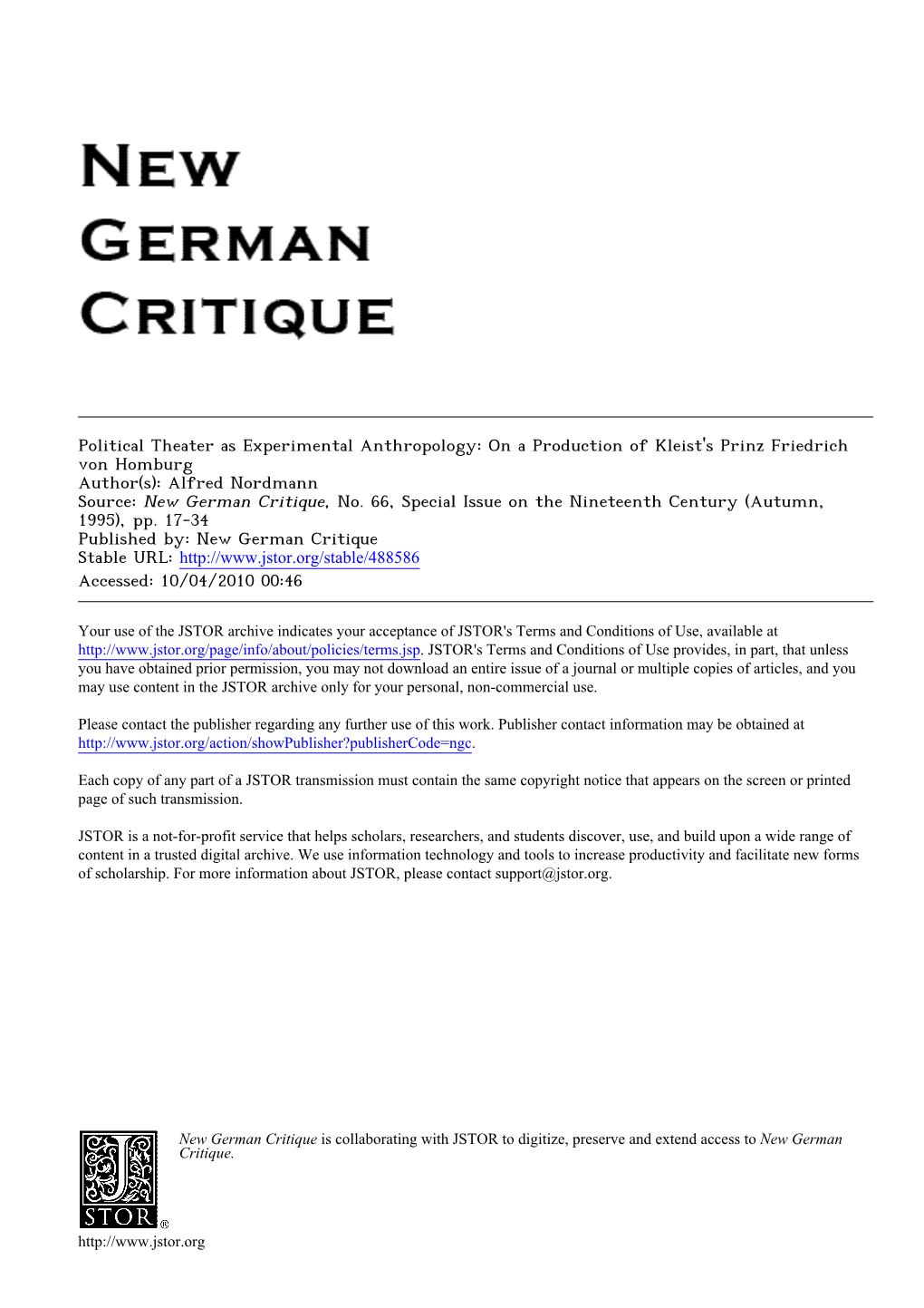 Political Theater As Experimental Anthropology: on a Production of Kleist's Prinz Friedrich Von Homburg Author(S): Alfred Nordmann Source: New German Critique, No