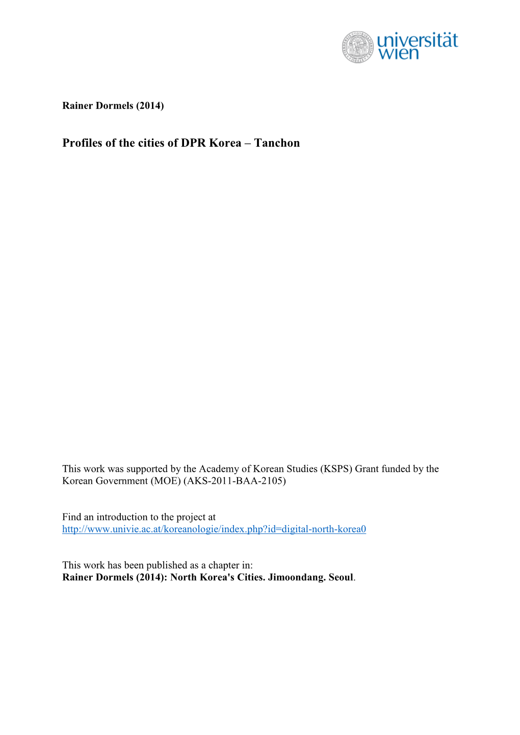 Profiles of the Cities of DPR Korea – Tanchon