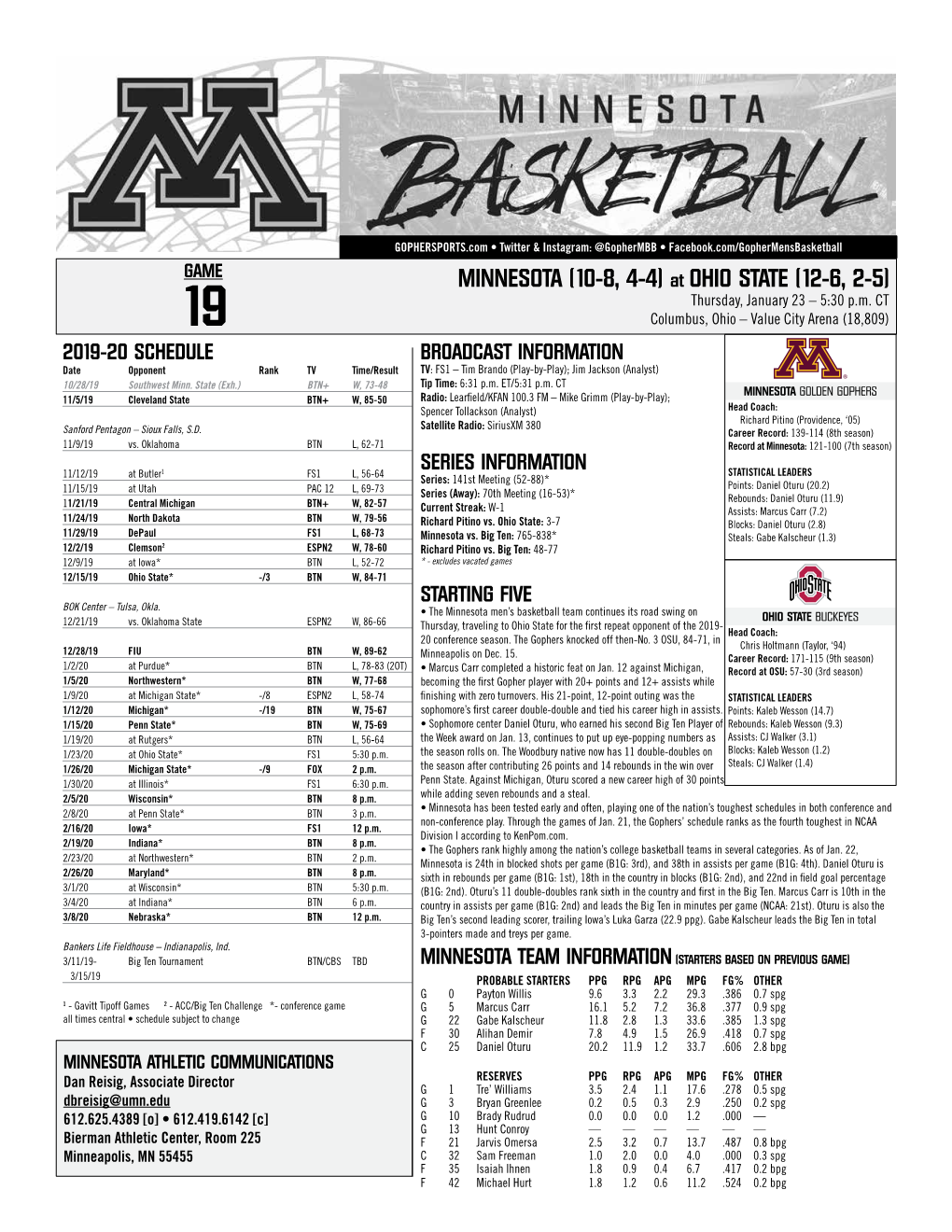 MINNESOTA (10-8, 4-4) at OHIO STATE (12-6, 2-5) Thursday, January 23 – 5:30 P.M