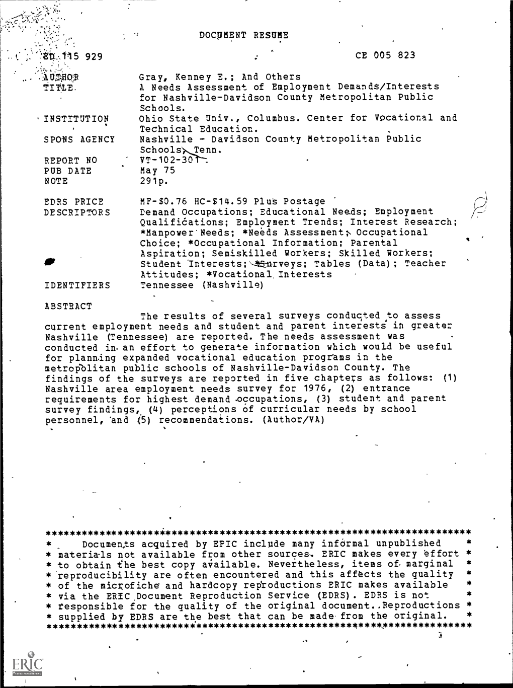 A Needs Assessment of Employment Demands/Interests for Nashville-Davidson County Metropolitan Public Schools. ,INSTITUTION Ohio State Univ., Columbus