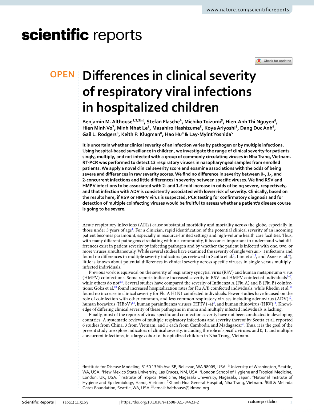 Differences in Clinical Severity of Respiratory Viral Infections in Hospitalized Children