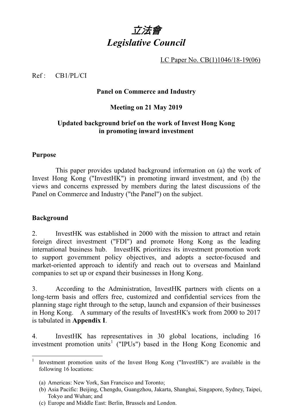 Paper on the Work of Invest Hong Kong in Promoting Inward Investment Prepared by the Legislative