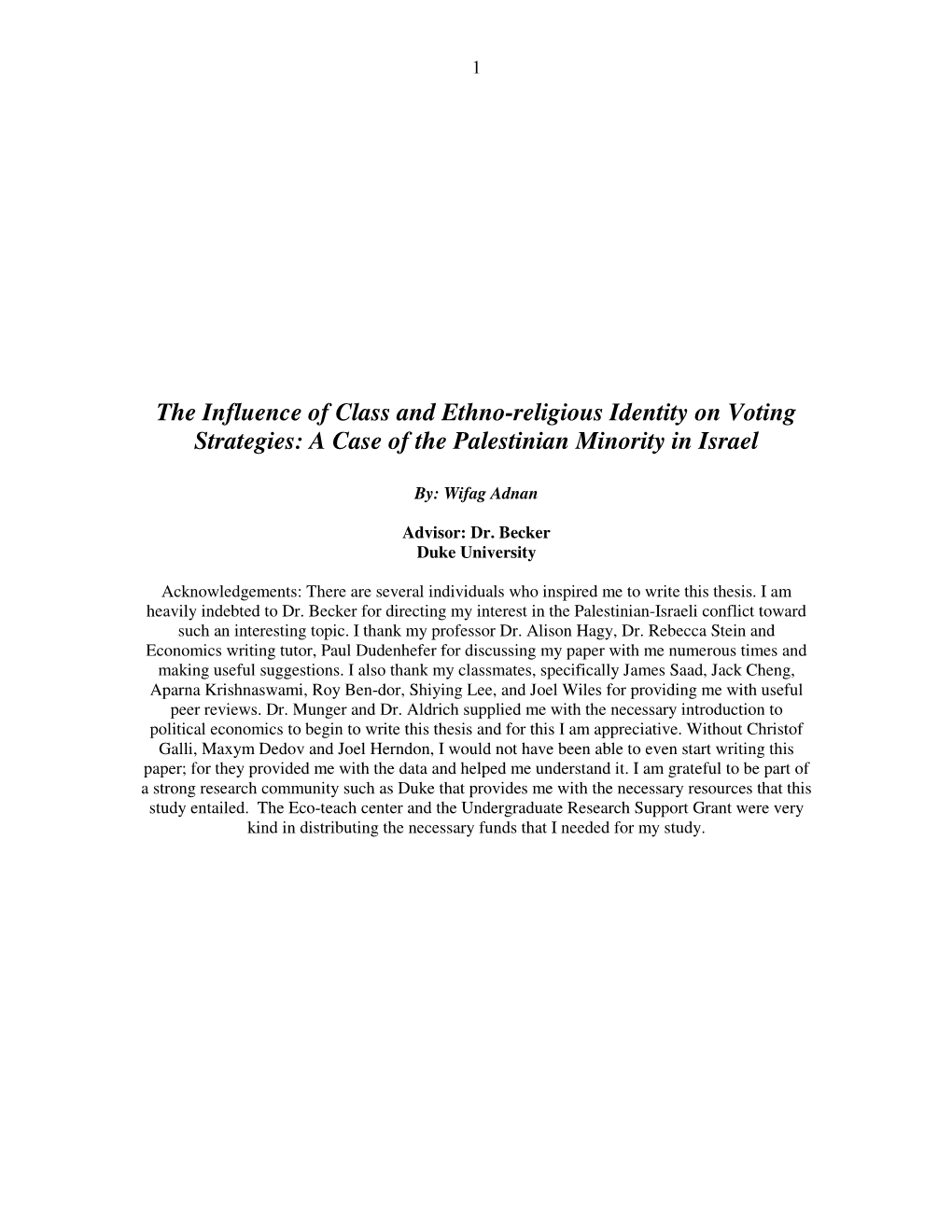 The Influence of Class and Ethno-Religious Identity on Voting Strategies: a Case of the Palestinian Minority in Israel