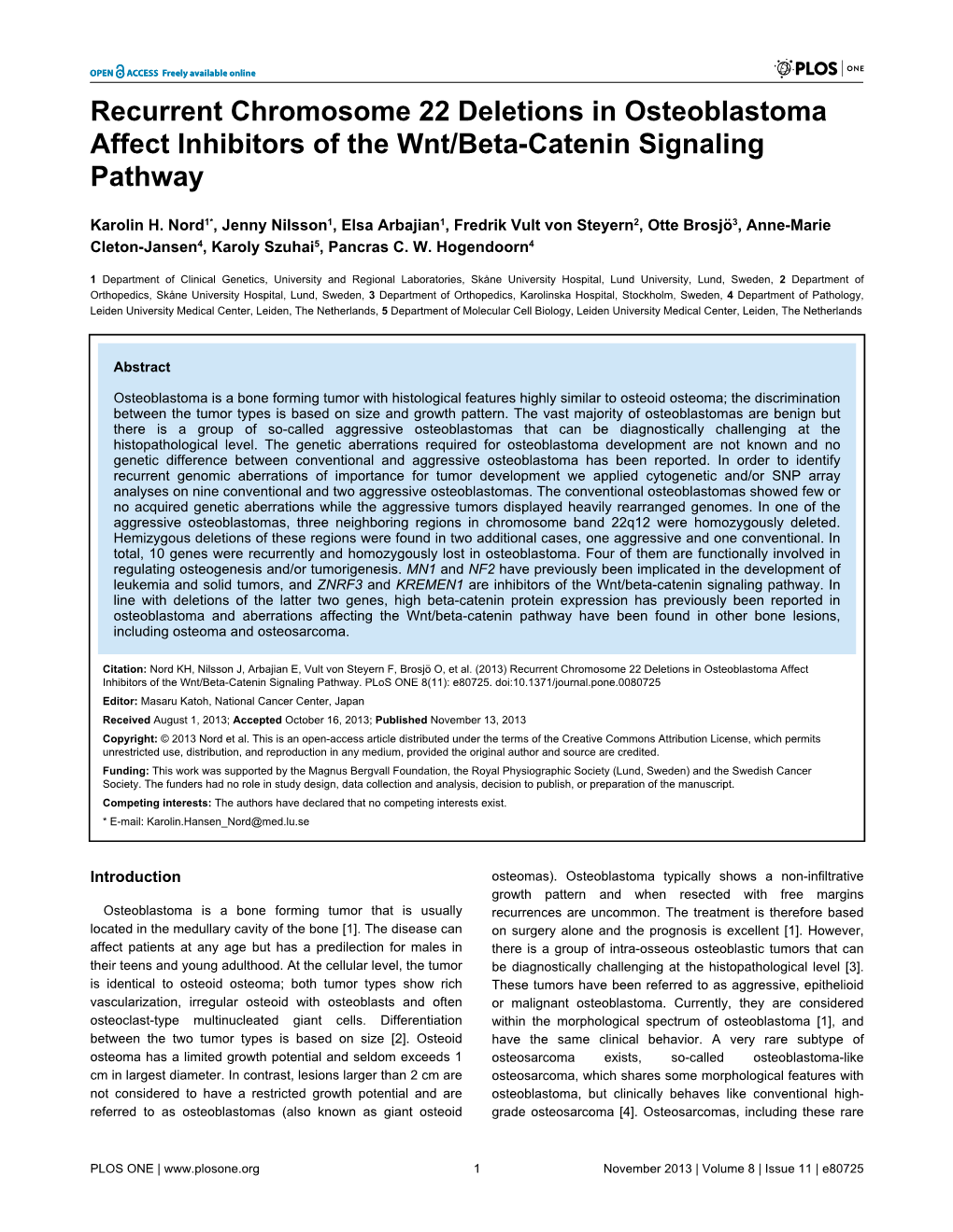 Recurrent Chromosome 22 Deletions in Osteoblastoma Affect Inhibitors of the Wnt/Beta-Catenin Signaling Pathway