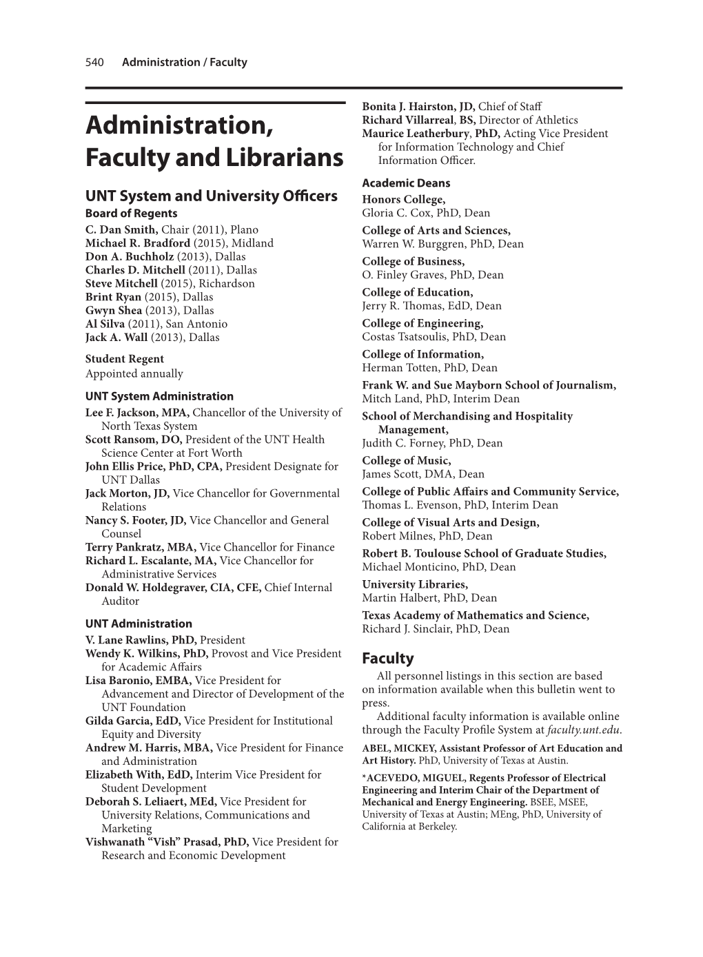 Administration, Faculty and Librarians