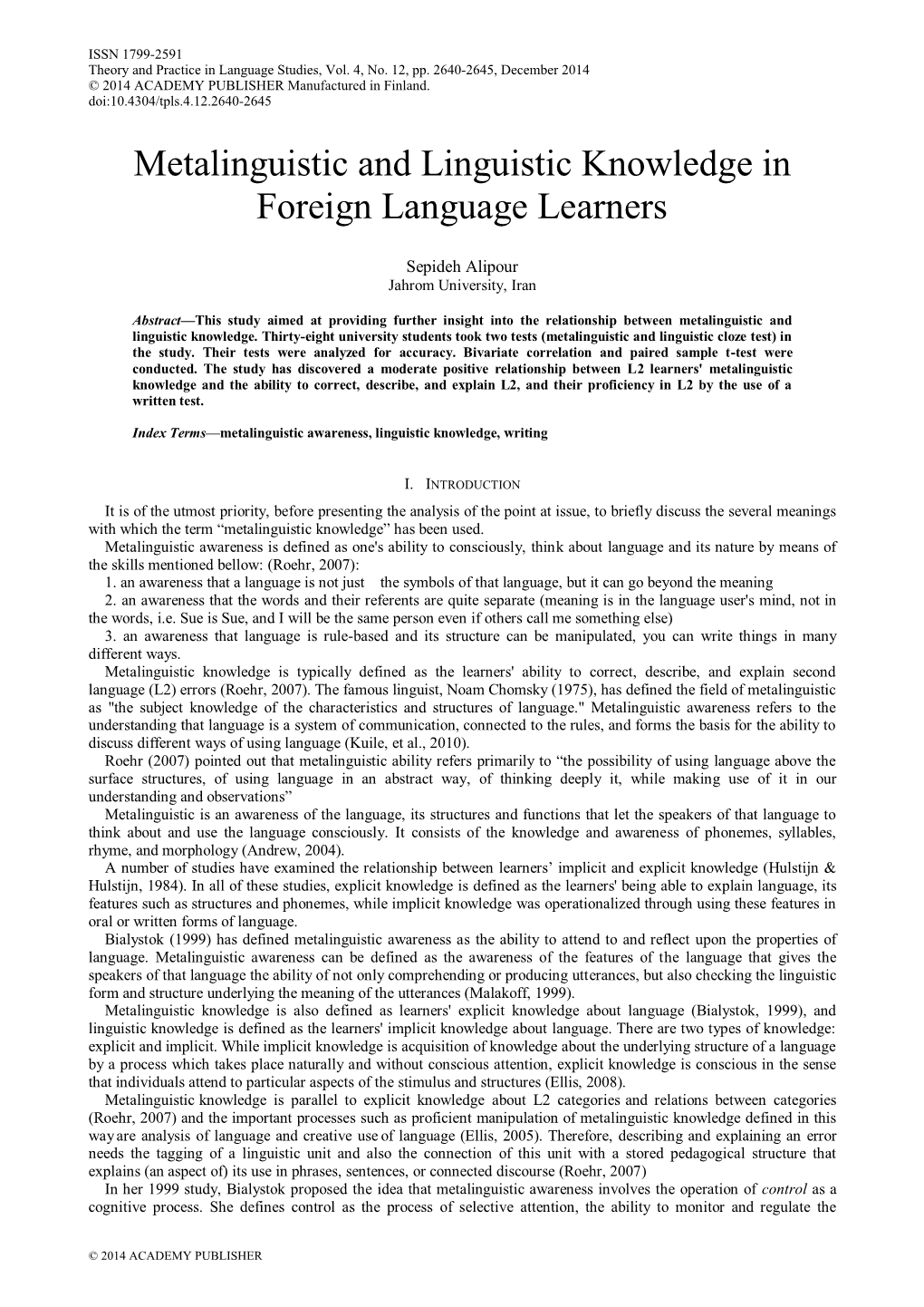 Metalinguistic and Linguistic Knowledge in Foreign Language Learners