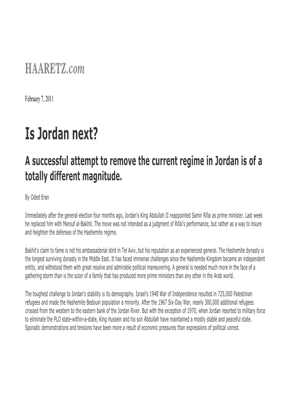 Is Jordan Next? a Successful Attempt to Remove the Current Regime in Jordan Is of a Totally Different Magnitude