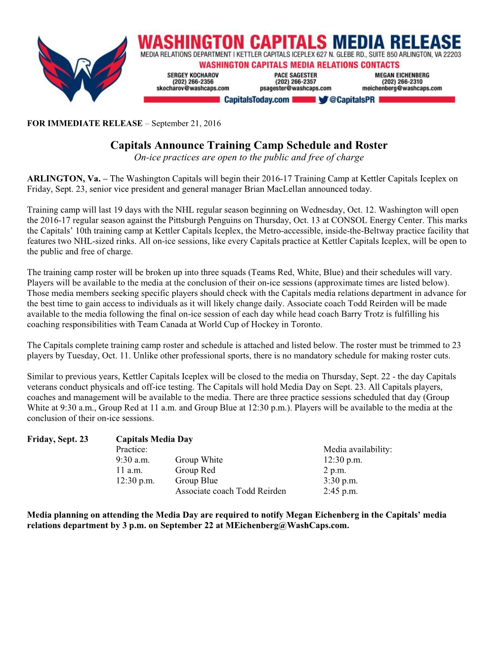 Capitals Announce Training Camp Schedule and Roster On-Ice Practices Are Open to the Public and Free of Charge