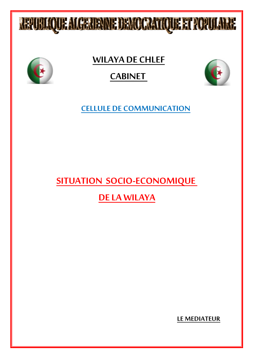 Wilaya De Chlef Cabinet Situation Socio-Economique De La Wilaya