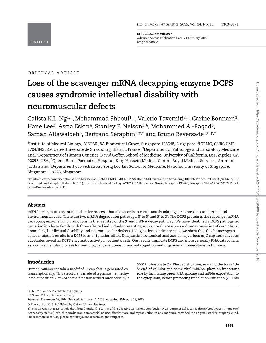 Loss of the Scavenger Mrna Decapping Enzyme DCPS Causes