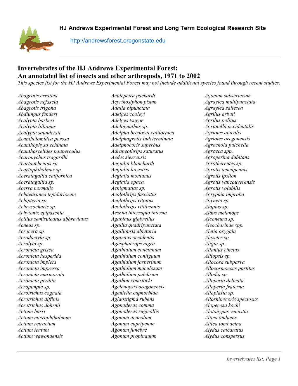 Invertebrates of the HJ Andrews Experimental Forest: an Annotated