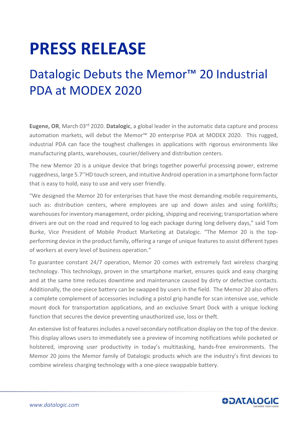 PRESS RELEASE Datalogic Debuts the Memor™ 20 Industrial PDA at MODEX 2020