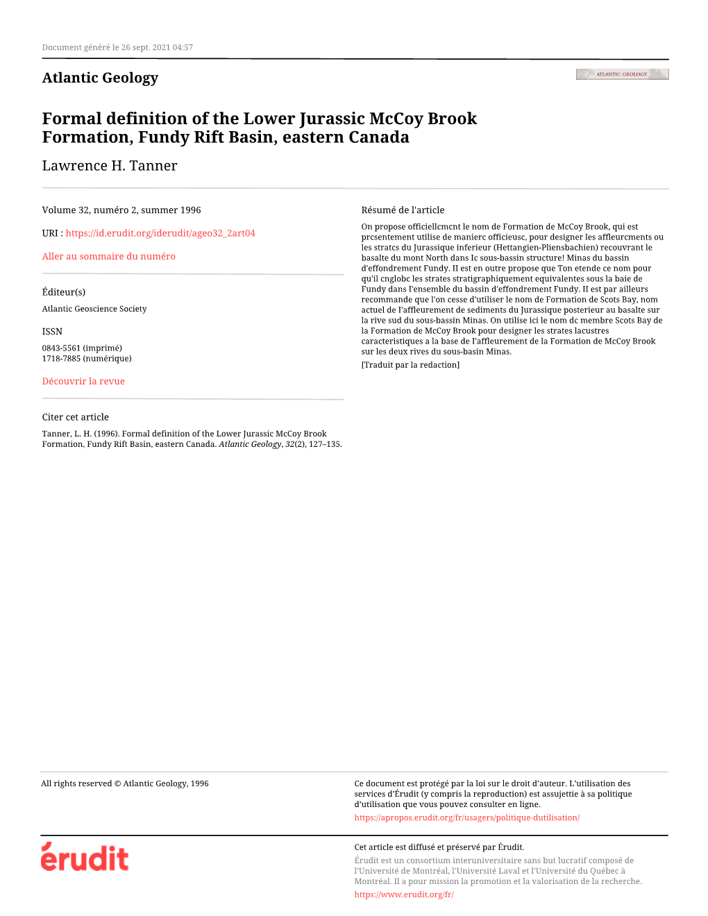 Formal Definition of the Lower Jurassic Mccoy Brook Formation, Fundy Rift Basin, Eastern Canada Lawrence H