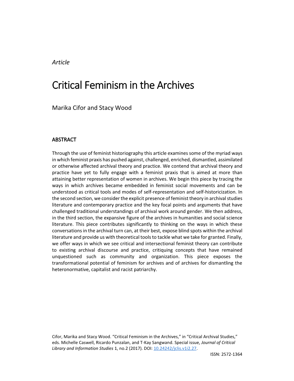 Critical Feminism in the Archives