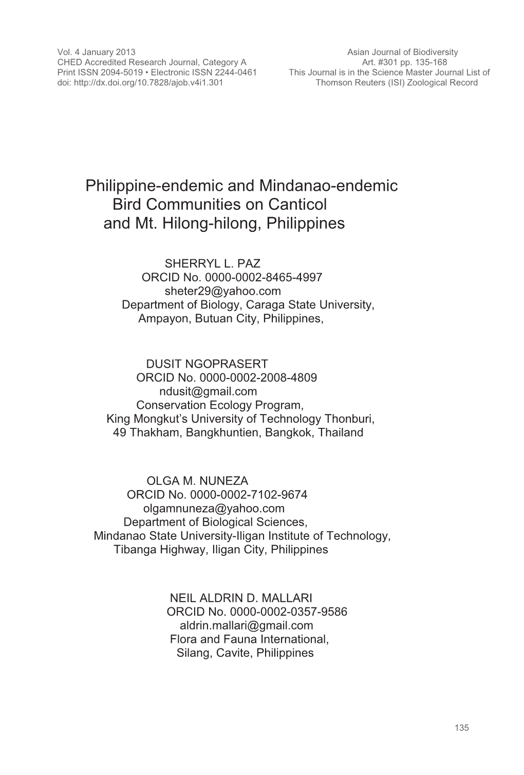 Philippine-Endemic and Mindanao-Endemic Bird Communities on Canticol and Mt