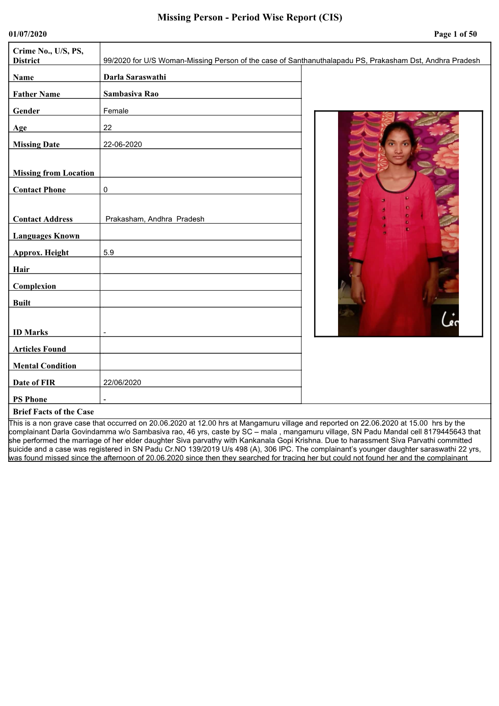 Missing Person - Period Wise Report (CIS) 01/07/2020 Page 1 of 50