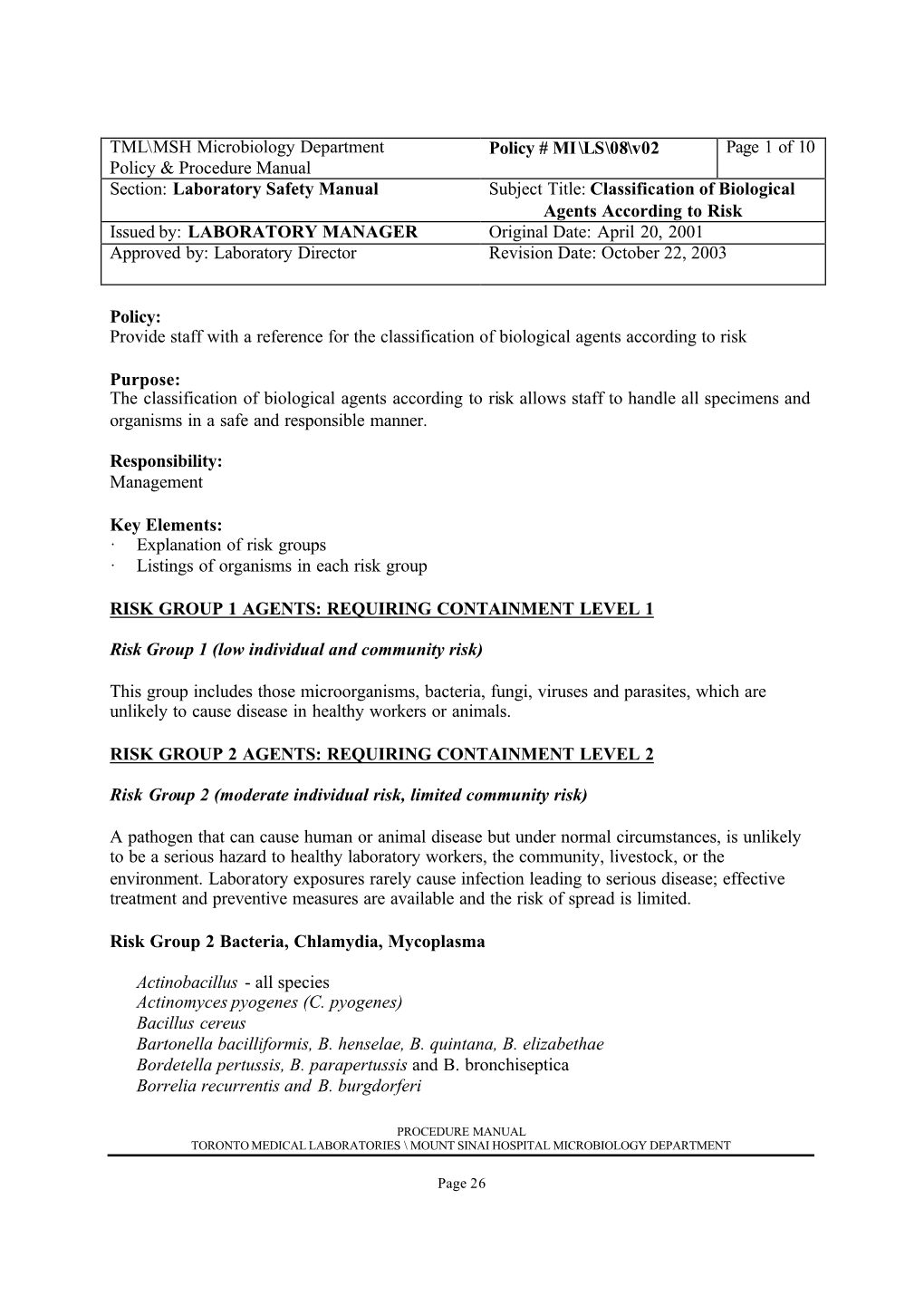 Classification of Biological Agents