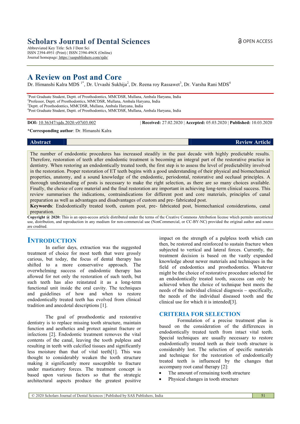 Scholars Journal of Dental Sciences a Review on Post and Core
