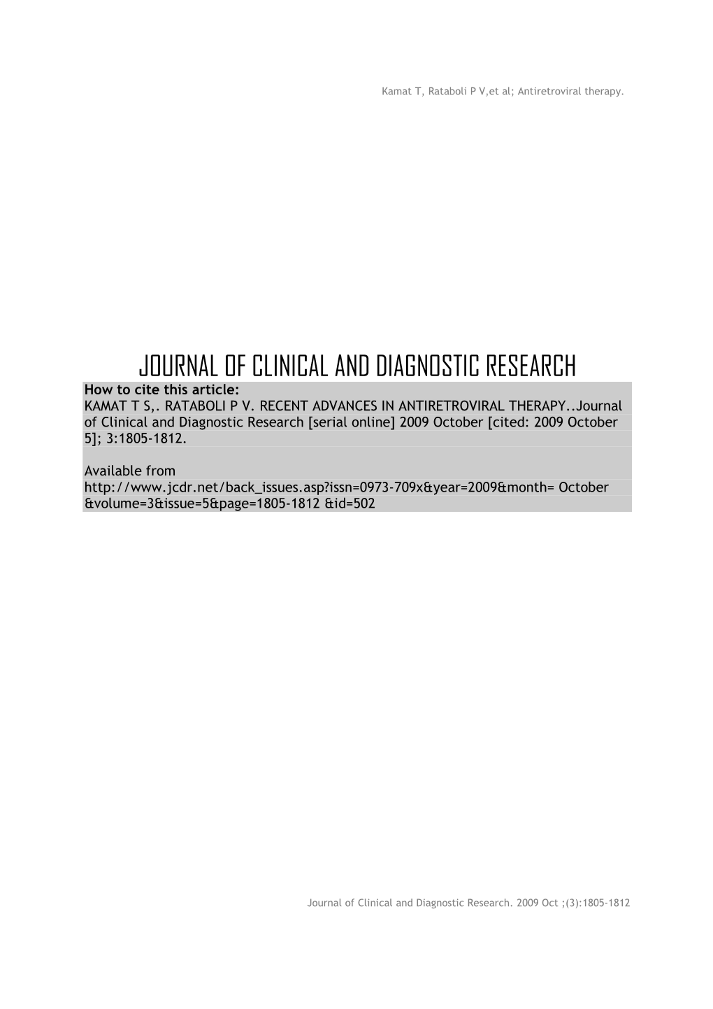 JOURNAL of CLINICAL and DIAGNOSTIC RESEARCH How to Cite This Article: KAMAT T S