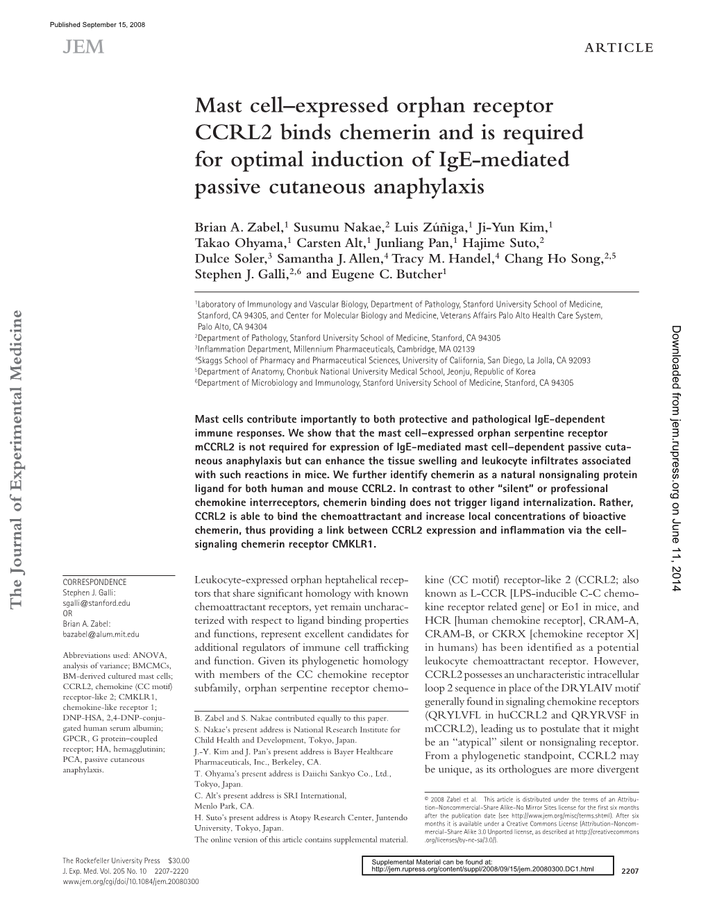 Mast Cell – Expressed Orphan Receptor CCRL2 Binds Chemerin and Is