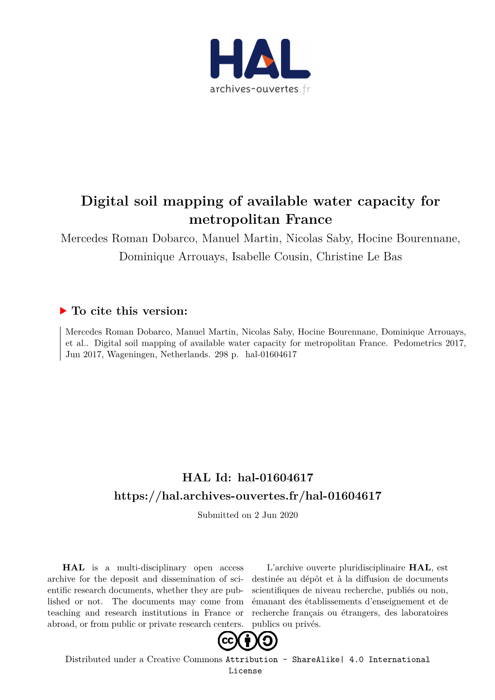 Digital Soil Mapping of Available Water Capacity for Metropolitan France